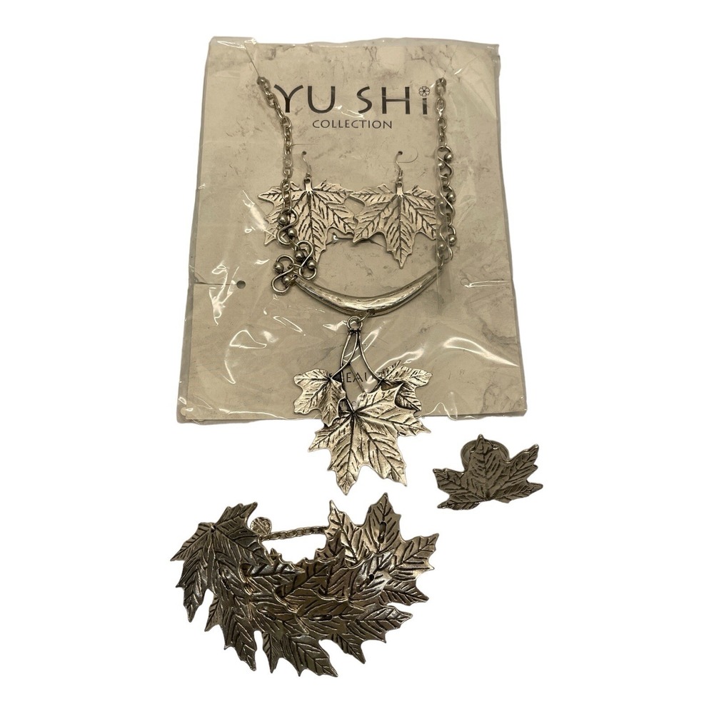 Yu Shi 4pk Leaf‎ Necklace Earrings Bracelet & Ring Silver Color Jewelry